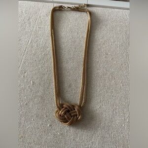 Vintage Gold Tone Double Strand Mesh Knot Statement Necklace, 1960s Revival